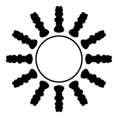 Cartoon icon illustration of a flat style black line sun with heat rays for sunbathing. Solar system planet, sunset, sunrise.