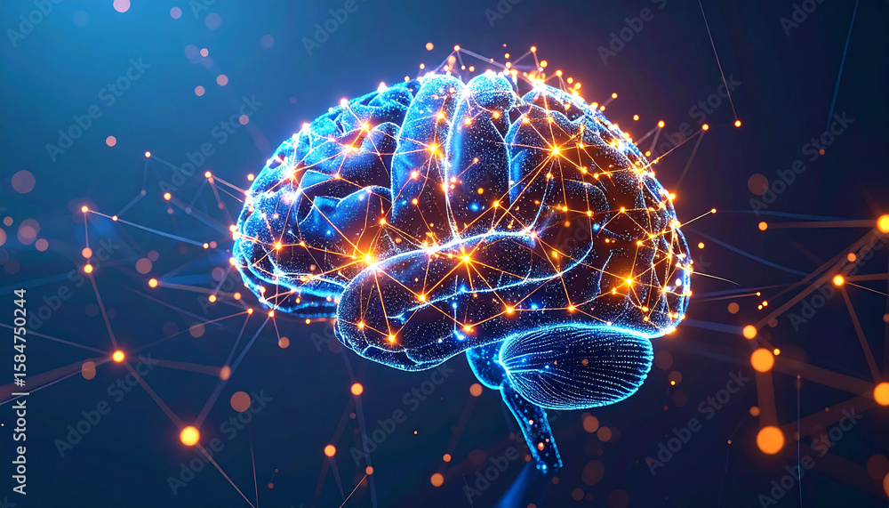Poster intricate web of thought: a mesmerizing, illuminated illustration showcases the human brain, overlai