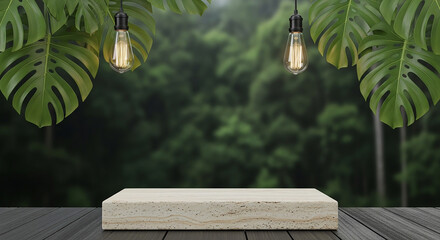 Tropical jungle display podium with vintage edison bulbs and monstera leaves perfect for product showcasing in a natural setting
