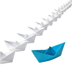 A Lone Blue Paper Boat Leading a Fleet of White Ones