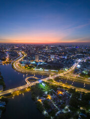 Panoramic view of Saigon, Vietnam from above at Ho Chi Minh City's central business district. Cityscape and many buildings, local houses, rivers. Landscape concept.