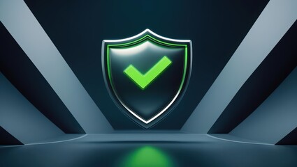 Digital security concept featu a glowing shield with checkmark symbol showcasing protection and cybersecurity assurance in modern technology environment