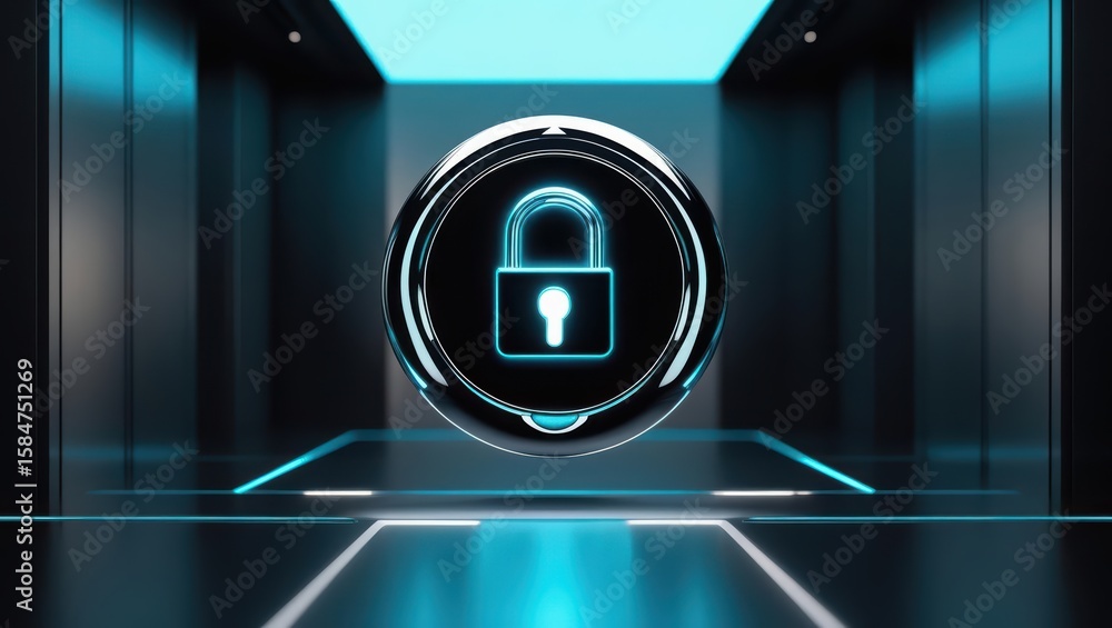 Poster futuristic digital lock icon with glowing blue security symbol in high tech dark server room environ