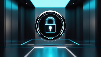 futuristic digital lock icon with glowing blue security symbol in high tech dark server room environment with reflections and modern design elements