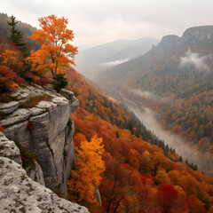 Sharp rocky cliff overlooking a forest of orange trees, with vibrant autumn colors and a clear sky, creating a striking natural view.