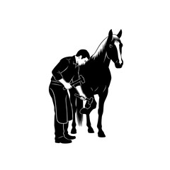 Fototapeta premium Farrier shoeing a horse, black and white illustration, equine care, craftsmanship.