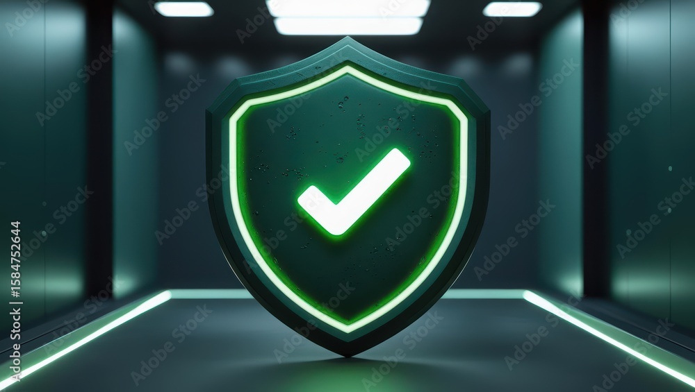 Poster futuristic security shield with glowing checkmark symbol in a high tech corridor representing protec