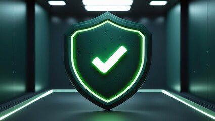 Futuristic security shield with glowing checkmark symbol in a high tech corridor representing protection safety and cybersecurity concepts