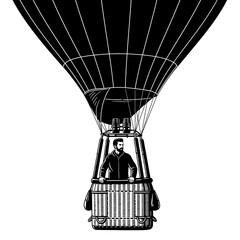 A monochrome illustration of a man piloting a hot air balloon, looking ahead.