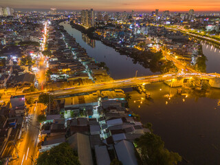Panoramic view of Saigon, Vietnam from above at Ho Chi Minh City's central business district....