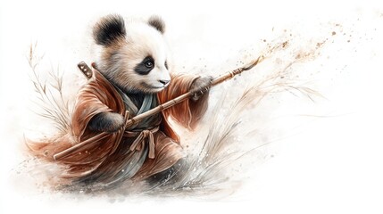A panda dressed as a samurai holds a spear, blending traditional warrior attire with a soft, artistic style.