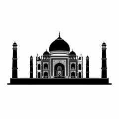 A stark, black-and-white silhouette of the Taj Mahal, showcasing its iconic dome and minarets.