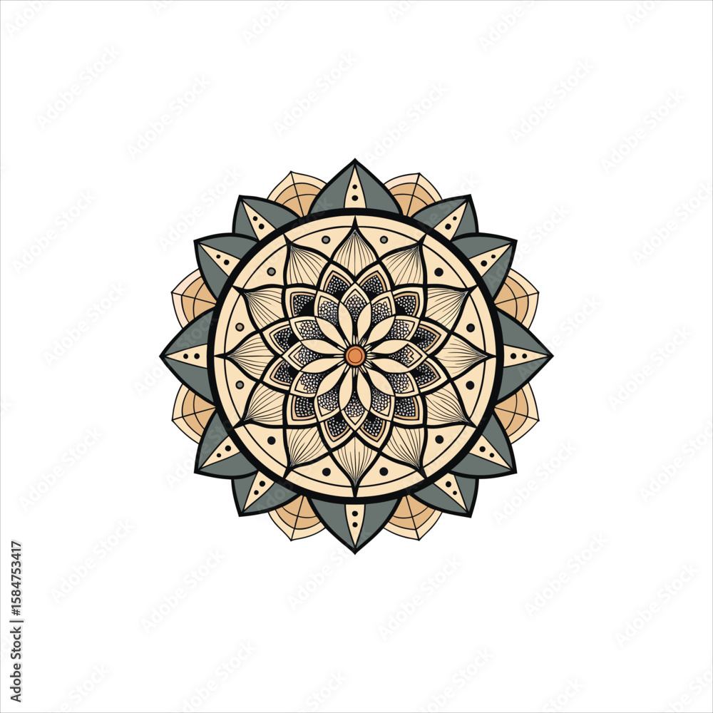 Poster intricate minimalist mandala design with a central circular motif and geometric patterns