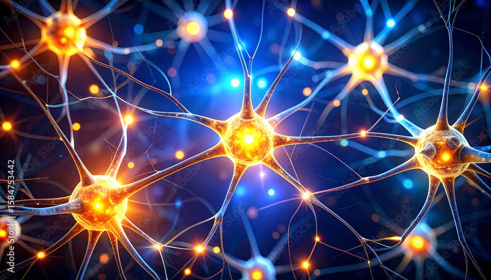 Poster neural network in action: a striking image showcases interconnected neurons firing with vibrant ener