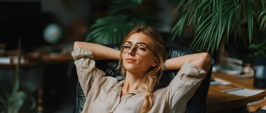 young lady project manager Take a time to procrastinate after completing a demanding task at work by relaxing in a comfortable chair, placing your hands behind your head