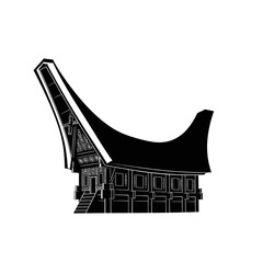Black and white vector illustration of a traditional Toraja house with a distinctive curved roof.