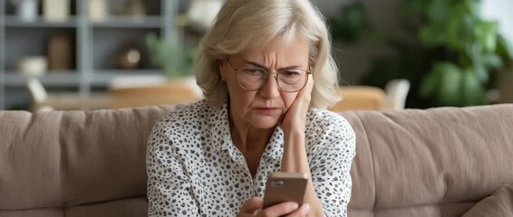 unhappy elderly woman sitting on a couch with a smartphone feels worried and agitated after receiving distressing news via SMS, dealing with personal or family issues, or misinterpreting messages. - Powered by Adobe