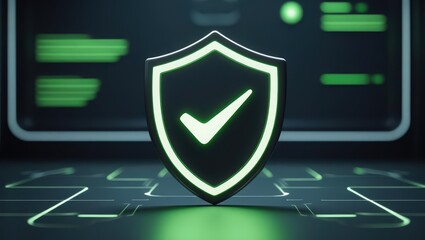 Digital security shield icon on futuristic high-tech background representing cybersecurity protection and data safety in modern technology environments