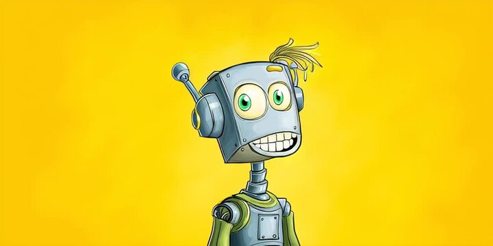 Animated cartoon style AI chatbot robot isolated on yellow