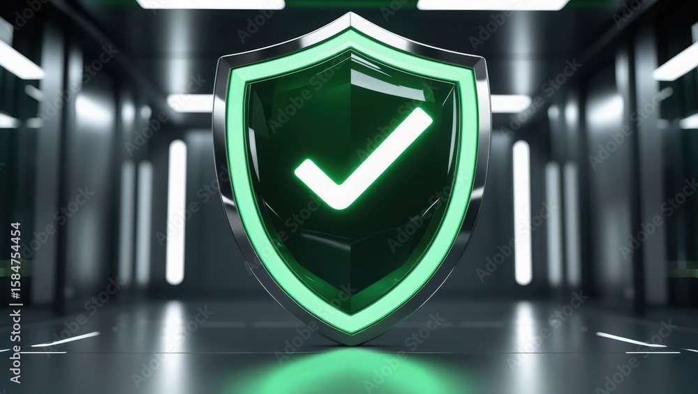 Poster modern digital security shield with check mark symbol representing cybersecurity protection and data