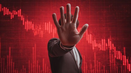 A businessman holds his hand up, signaling stop against a backdrop of declining stock market charts and red colors.