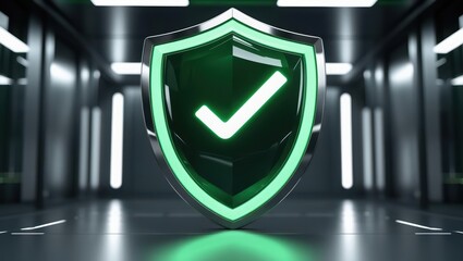 Modern digital security shield with check mark symbol representing cybersecurity protection and data safety in a high-tech environment with futuristic lighting