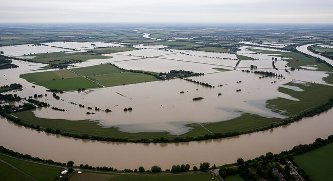 Aerial view of flooded farmland and river after heavy rain causing natural disaster and climate change crisis