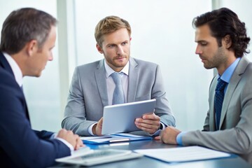 Fototapeta premium Three businessmen in a meeting discussing data on a tablet
