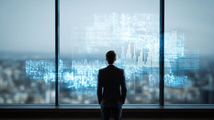 A businessman observing digital data and cityscape through large glass windows, showcasing modern technology.