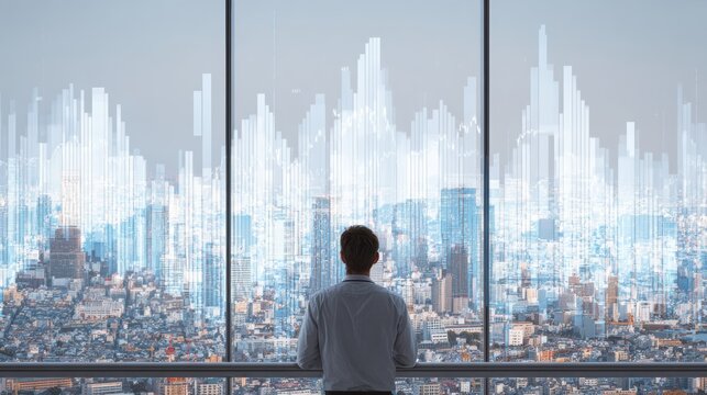 A businessman looking out over a futuristic cityscape through large windows, envisioning opportunities.