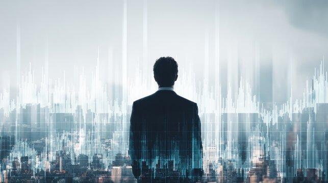 A businessman standing still, overlooking a futuristic digital cityscape filled with data visualization.