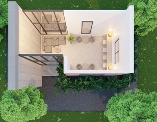 3D top view rendering of a modern minimalist cafe interior layout. Small coffee shop floor plan with sofa seating, round tables, and bar counter.