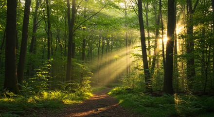 Obraz premium A breathtaking forest landscape featuring lush green trees, sunlight filtering through the leaves, and a peaceful, natural atmosphere. Perfect for themes related to nature’s beauty, eco-tourism, outdo