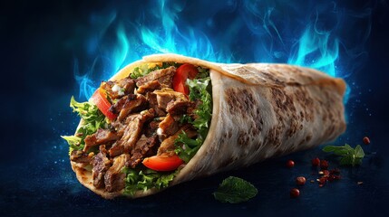 Ultra quality image of hot mouth watering image of yummy shawarma with blue background, food advertisement background.