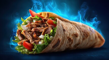 Ultra quality image of hot mouth watering image of yummy shawarma with blue background, food advertisement background.