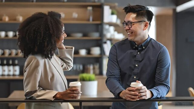 Young couple smiling and talking over coffee at a cafe table