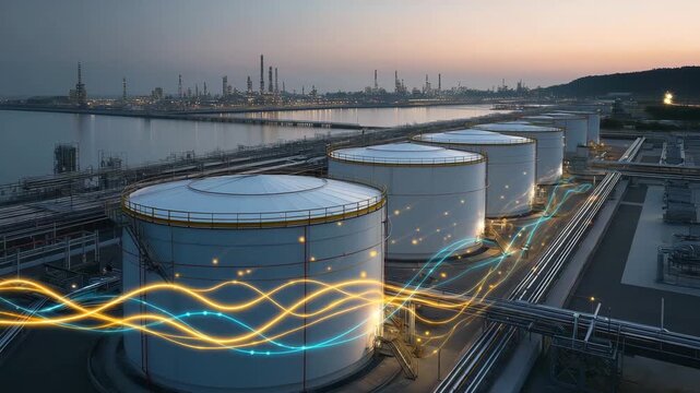 City skyline with a large body of water in the background. The city is home to several large tanks. clean editorial photo with graphs layered over oil storage units, emerging oil markets