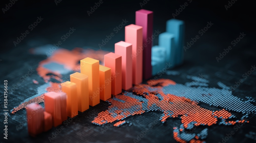 Poster a colorful 3d bar graph rising above a world map, symbolizing growth and progress in business analyt