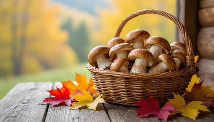 Autunno: composizione con cesto di funghi foglie autunnali e sfondo con colori autunnali