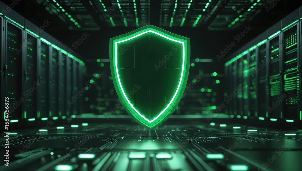 Poster futuristic cybersecurity shield icon glowing green in a high-tech server room with digital data serv