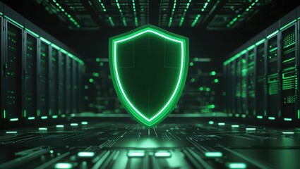 Futuristic cybersecurity shield icon glowing green in a high-tech server room with digital data servers and network infrastructure for data protection and security