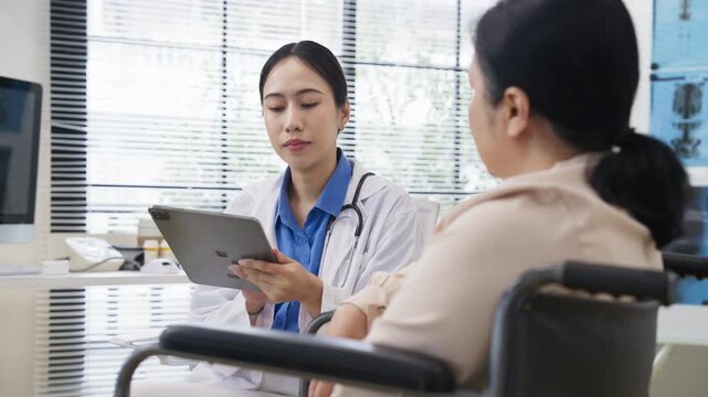 Asian doctor in uniform attentively assists a senior couple with medical paperwork in a hospital area, explaining health records and test results with care and professionalis senior health	