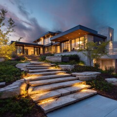 Ultra quality image of illuminated Stone Steps Leading to a Modern House at Dusk with Warm Interior Lighting and Blue Sky Highlighting Architectural Design and Landscaping.