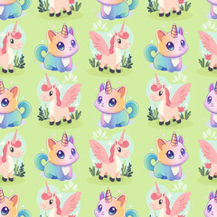 Cute Unicorn and Pegasus Seamless Pattern on Green. Whimsical Fantasy Creatures Pattern for Kids