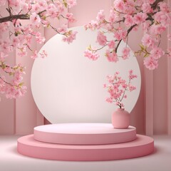 Ultra quality image of japanese style minimal background. Pink podium and cherry blossom background for product presentation. 3d rendering illustration.