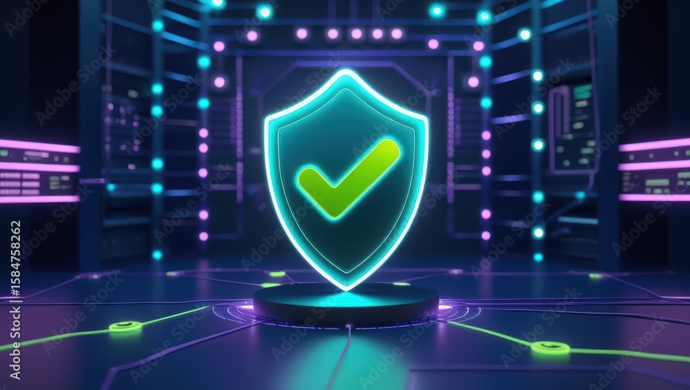 Poster futuristic digital security shield with checkmark in neon glowing environment representing data prot