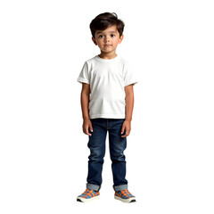 Fototapeta premium A young boy stands wearing a white shirt and blue shorts isolated on transparent background