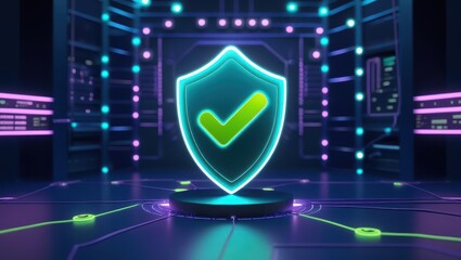 Futuristic digital security shield with checkmark in neon glowing environment representing data protection and cyber safety technology concept