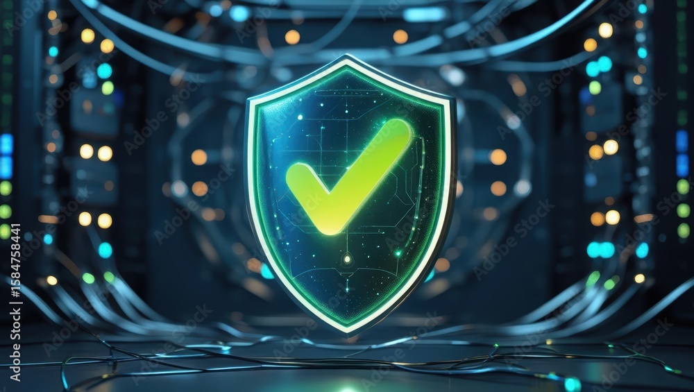 Poster futuristic digital security shield with glowing checkmark in modern cyber network security concept w