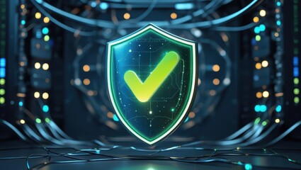 futuristic digital security shield with glowing checkmark in modern cyber network security concept with data lines and glowing elements